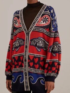 Farm Rio Navy Mix Oversized Fish Print Front Buttons Cardigan size XS